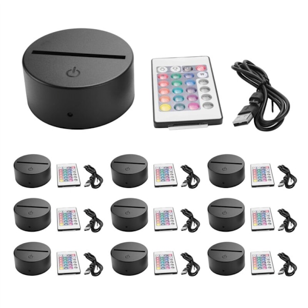 10-pack 3D LED-nattljusbas + fjärrkontroll + USB-kabel, 16 färger ljusshow-display för svart akryl