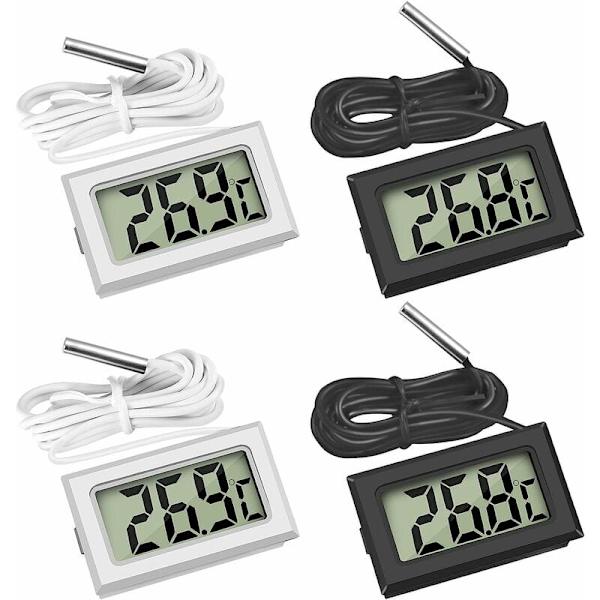 Mini digital LCD-termometer med temperaturfølersensor-tester for kjøleskap, frysere, akvarium (2x svart, 2x hvit)