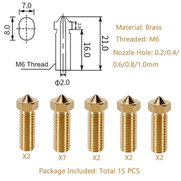 15-dels Munstycke Set, 3D-skrivare, 7 st Mässingmunstycken 0,4 mm & 2 st 0,2 mm, 0,6 0,8 1,0 - Guld