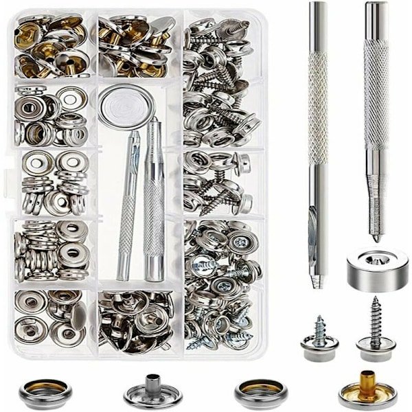 Metal Snap-knap Kit med Værktøj - Læder Snap-knap, Nitter til Presenning, Bælte, Sko - 10mm/15mm
