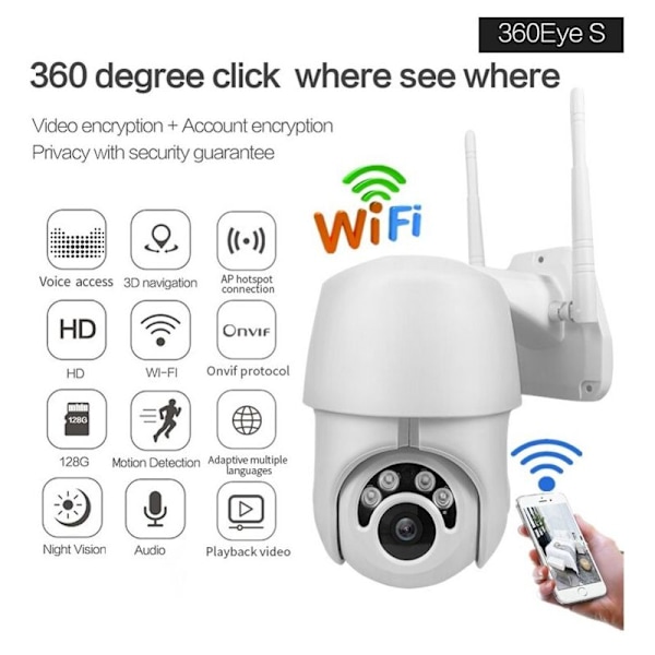 PTZ Udendørs Overvågningskamera - 1080P Trådløs IP WiFi, Digital Zoom, Automatisk Sporing, Farve Nattesyn, To-vejs Lyd, IP66 Vandafvisende