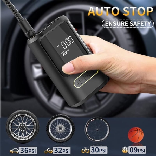 6000mAh Mini Elektrisk Luftpumpe, Bærbar Luftkompressor Trådløs Dekkoppblåsere 150PSI med Digital LCD-skjerm, Oppladbar Luftpumpe for Bil, Sykkel,