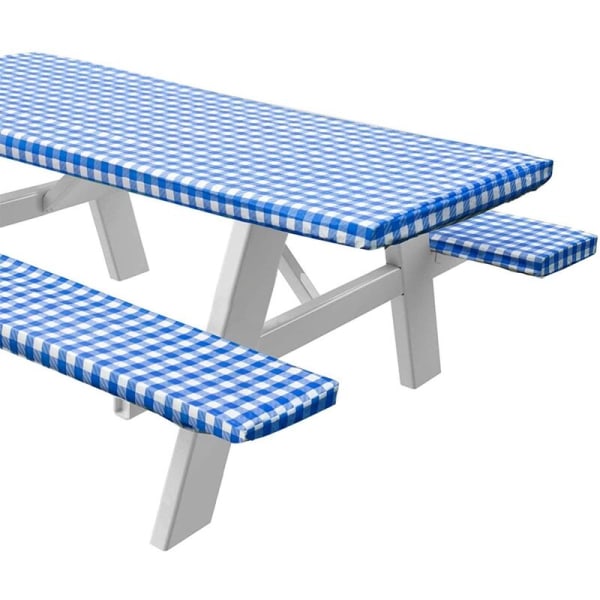 Vinyl Picnic Table and Bench Cover, Plaid Pattern, Flannel Lining, 3 Piece Set, Blue