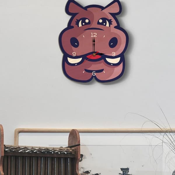 Träväggklocka Barnrum Dekor Cartoon Väggklocka Tyst Väggklocka Flodhäst Väggklocka