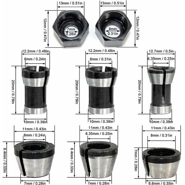 6,35/8mm fræserbøsning - Adapter til konvertering af træbearbejdningsfræs (8 stk.)