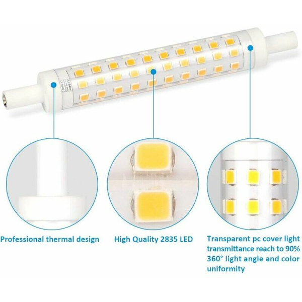 R7S LED 118mm Dimbar 10W, R7S 118mm Pærer Varmt Hvit 3000K, 10 Watt Ekvivalent Halogenlampe 48W 60W 75W, 1000LM, 360 Grader, R7S J118 Lineær Sokkel