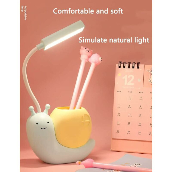 LED-skrivbordslampa för barn med pennhållare, snigelform, USB-laddning, studentstudielampa, ögonskydd, 360° hopfällbar justerbar nacke, gul