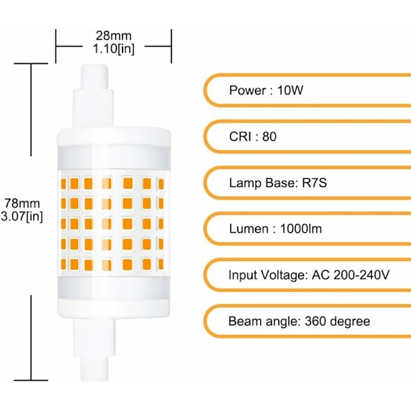 R7s 10W LED Pære (2-pak) Dæmpbar med SMD2835 LED Chip, Keramisk Krop, 220V 1000lm, Varmt & Koldt Hvidt Lys 3000-6000K, - 360° Udskiftning, Ideel til