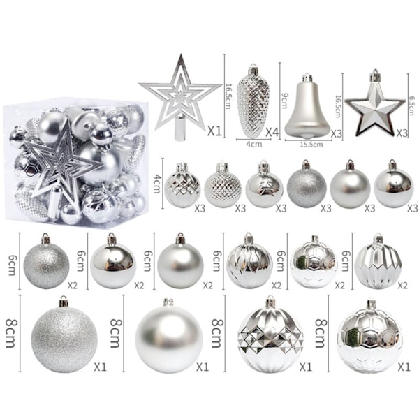 45-delad julgransdekorationssats, oförstörbara julgransprydnader för jul- och festdekoration (silver)