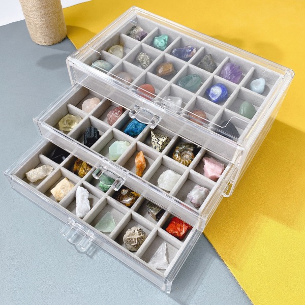 Smyckeskrin i akryl med 3 lådor, förvaringsbox för tydliga örhängen och organisationsdisplay, grå för kvinnor och flickor