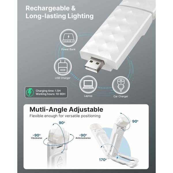 Oppladbar leselampe, bærbar leselampe for lesing, 3 fargetemperaturer og 5 lysstyrkenivåer, gave til barn - hvit