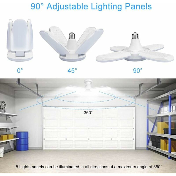 2-pak LED-garagelys, 60W E27 6000K Deformerbar værkstedslampe med 4 justerbare paneler LED-loftslampe til garage, værksted, lager, kælder,