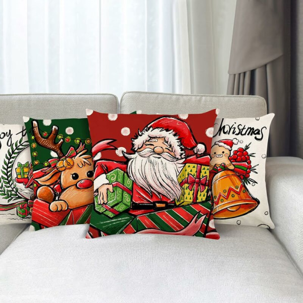 Julepudebetræk 45x45cm, Sæt med 4 Juledekorative Sofa i Bomuld og Linned Jul til Sofa Seng Sovestol Have-Julefarve