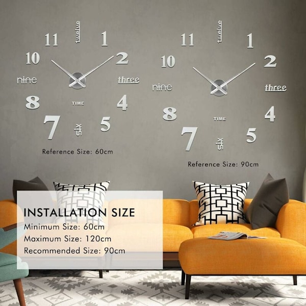 3D Vægur, DIY Digital Vægur, Lydløs Bevægelse, Moderne Design Vægur, Stort Vægur til Soveværelse Køkken Stue (60-120 cm), Sølv