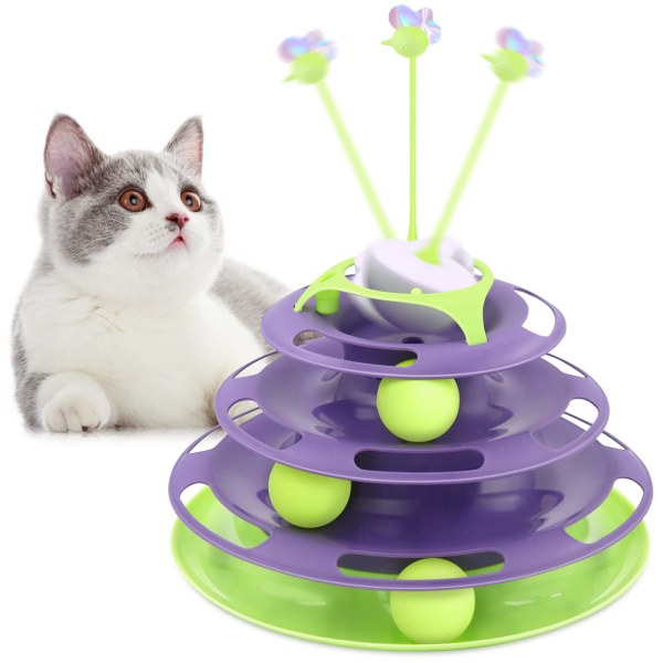 4-lags kattetårn-rulleleke, interaktiv katteleke med glass for katter innendørs lek, lilla+grønn