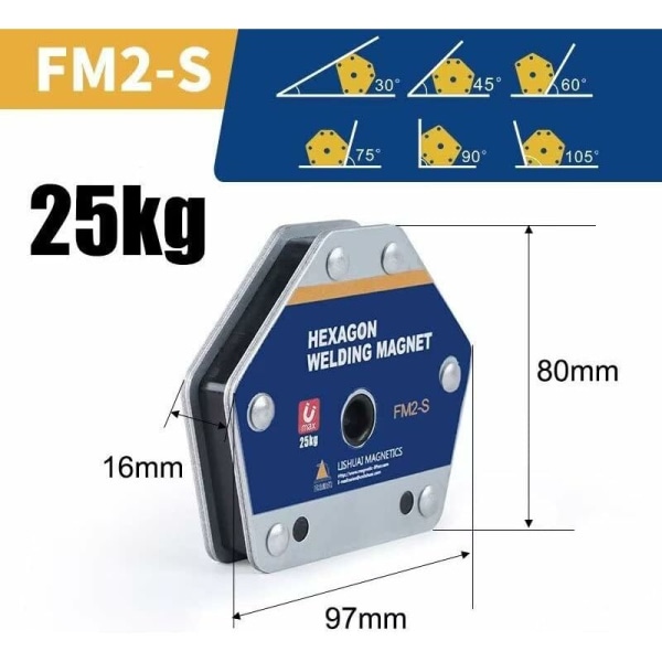 Magneetit hitsaukseen, FM2-S Max 25 kg Magneettinen hitsauskulma kulmapidikkeelle 30°, 45°, 60°, 75°, 90°, 105°