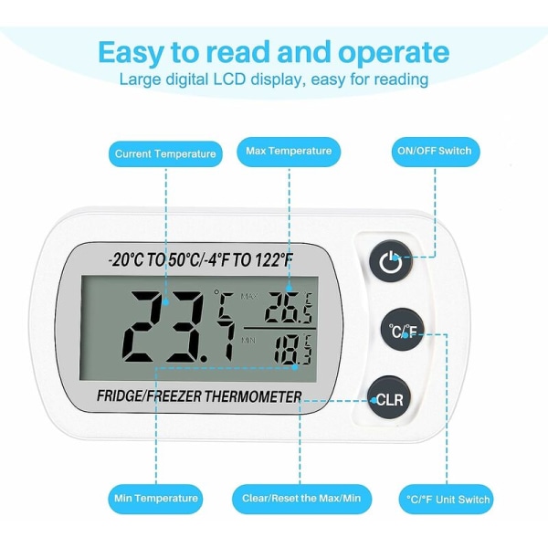 2 stk termometer for kjøleskap fryser Frigidaire digital temperatur -20 til 50°C med krok, lettlest LCD-skjerm, maks min opptaksfunksjon (Whi