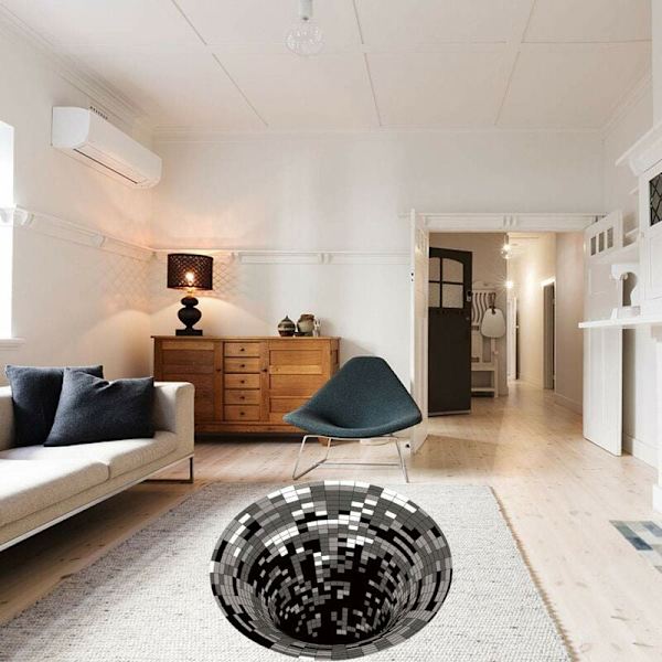 3D-illusionmatta 100 cm Rund Vortex 3D-virveltryck Optisk Illusion Halksäker Ovävd Svart och Vit Golvmatta för Matrum Hem Sovrum