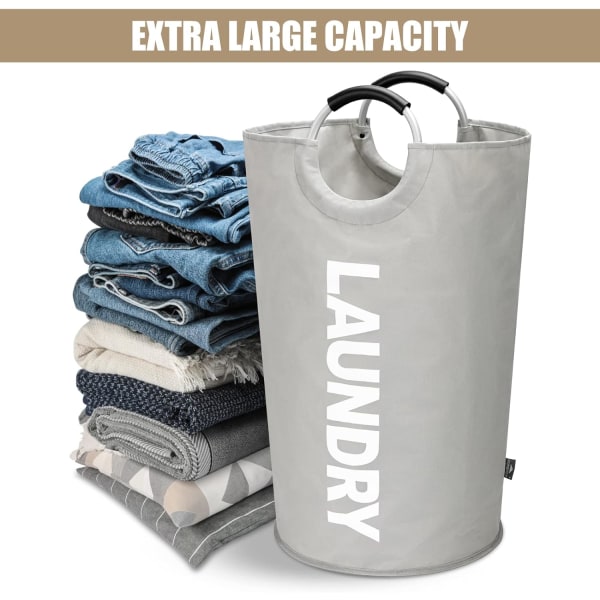 95L stor vasketøjskurv, sammenklappelig vasketøjspose, fritstående høj vasketøjskurv, sammenklappelig vasketøjsbalje (grå)