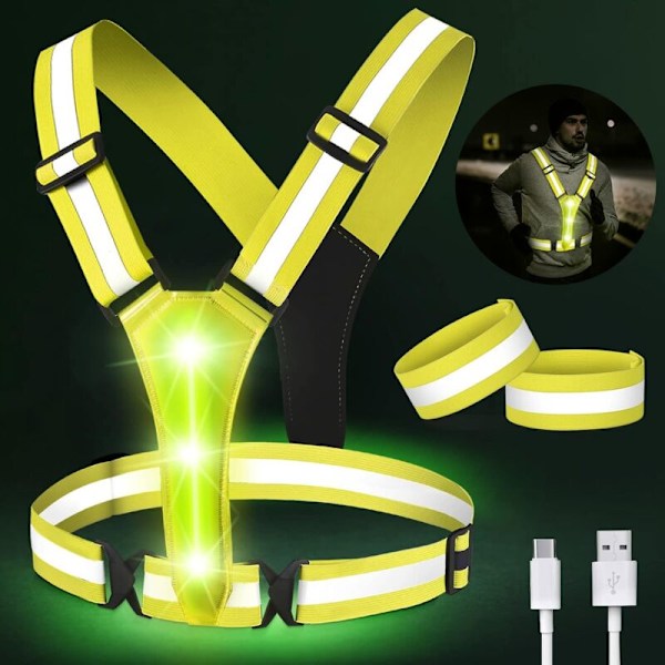 Løpe Refleksvest - Oppladbar LED Sykkel Refleksvest med Justerbar Størrelse med 2 Refleksstriper, for Jogging, Hiking, Hundespaseturer,