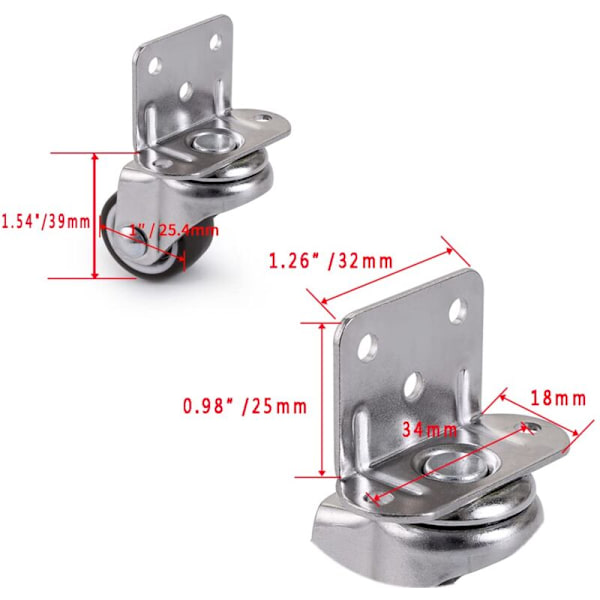 4 stk Små Svingbare Hjul, 25mm Møbelhjul, L-Formet Hjul for Baby Seng, Garderobe, Møbler, Bord, Bæreevne 11kg Per Hjul - RWRou