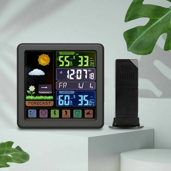 Trådlös väderstation, väderstation med LCD-färgskärm inomhus utomhus termometer hygrometer med utomhussensor, snooze väckarklocka (trä
