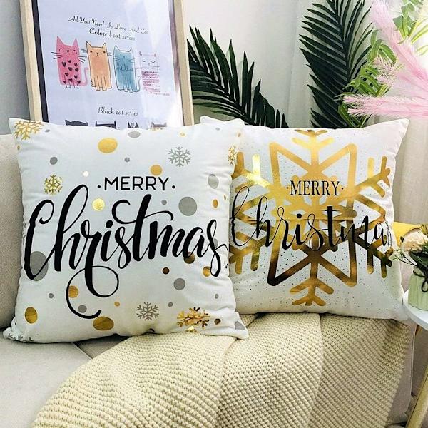 Jul kuddfodral, set om 4 guld snöflinga bomull dekorativt örngott 45 x 45 cm