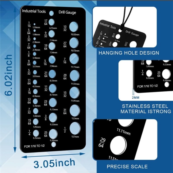 Drill Gauge Brøk Drill Størrelse Gauge, 29 Hull Metric Størrelse Drill Gauge for 1/16 til 1/2 Tommers Bor