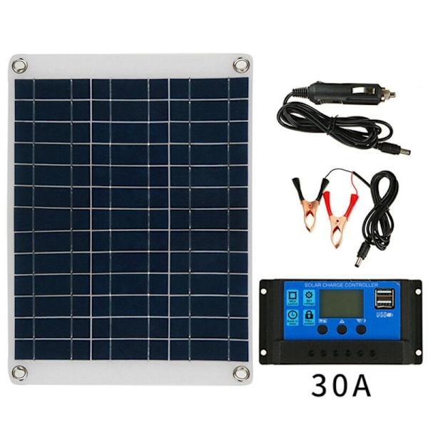 20W Solcellepanelsett 12V Lading Batteri med 30A Kontroller Solcelle Telefonladerbrett for Bobil Bil Yacht Caravan Utendørs