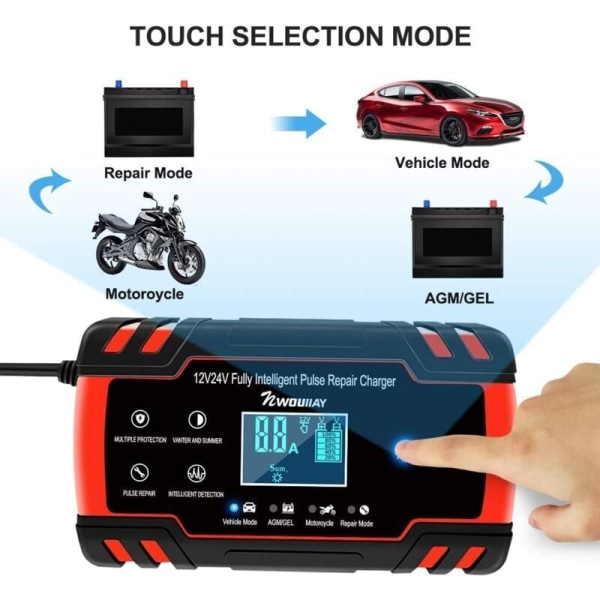 8A Bilbatterioplader 12V/24V Bilbatterioplader Fuldautomatisk Intelligent Vedligeholdelsesoplader med LCD-display Flere Beskyttelser til Bilbatteri