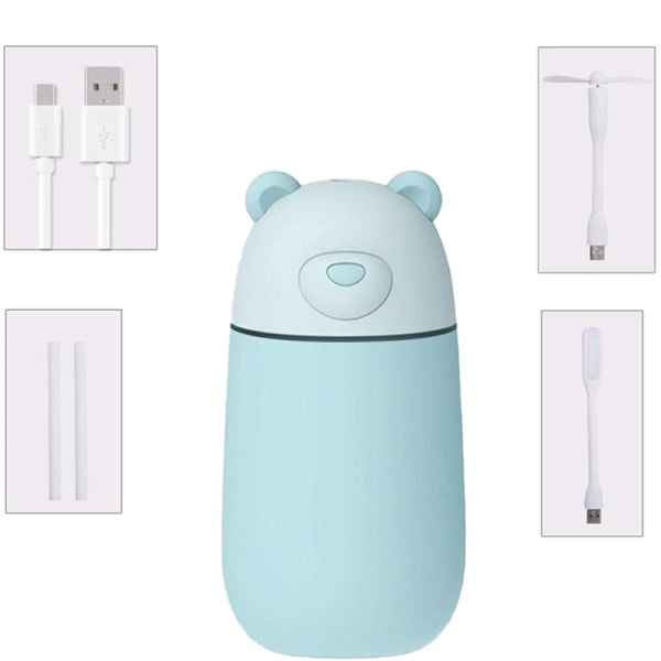 Bear Shape Portable Humidifier with USB Fan USB Lamp 3-In-1 Mini Humidifier for Bedroom Home Bedroom Office Car Baby and Children Blue