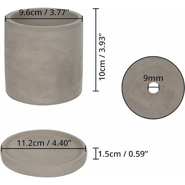Liten grå cementkruka (2-pack) - Bonsaikruka med fat och dräneringshål - Kruka för suckulenter, kaktusar och andra små växter, blommor och
