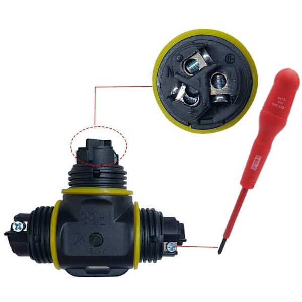Vedenpitävä liitin T-muotoinen/ 2 kpl IP68 Ulkokuori/Kaapelin liitin max Ø12 mm/Säältä suojattu ulkokäyttöön tarkoitettu kaapeli liitäntä (3 napainen)