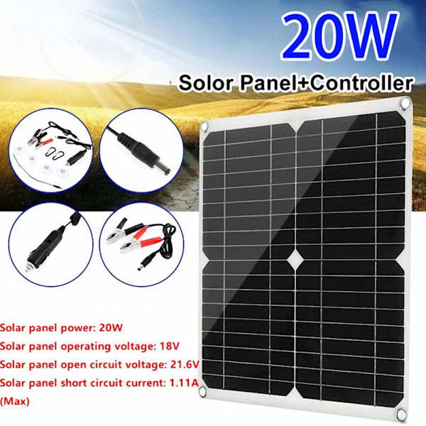 20W 18V Solcellelader for Bilbatteri Utendørs Bærbar USB Monokrystallinsk Solcellepanel for Mobiltelefon Actionkamera Bil