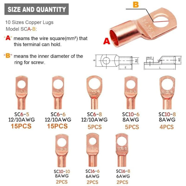 120 stycken Crimp-terminaler 6/10/16/25mm², 8 storlekar M6 M8 Batteri Crimp-terminal, Elektriska terminaler Runda terminaler SC-terminaler Kopparring Kabel