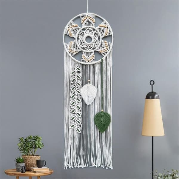 Macrame drömfångare för sovrum, väggdekor, stor bohemisk väggbonad med vävda löv, dekorativ prydnad