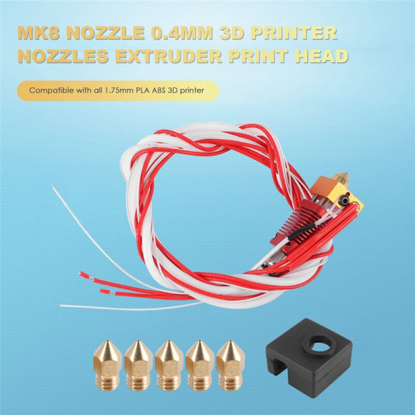 3D-skriver Hot End Kit Mk8 Montert med Ekstruder for 3 / Pro Aluminium Varmeblokk, 1.75Mm, 0.4Mm Dys