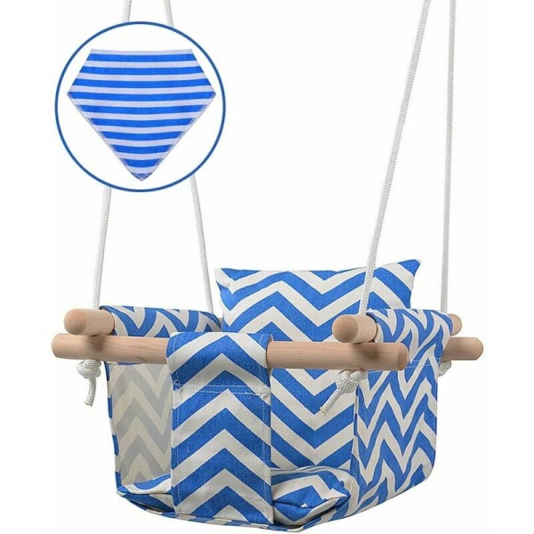 Puinen vauvan keinu kangaspenkillä ja tyynyillä, käsintehty lasten sisätilojen riipputuoli riippumatto - sininen raita