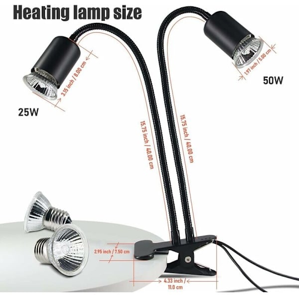 Dobbelthoved skildpadde varmelampe, 25W+50W krybdyr skildpadde lampe E27 UVA+UVB skildpadde lampe med 2 solpære og timer til skildpadder repti