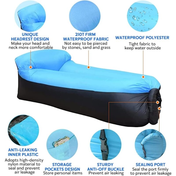 Oppblåsbare Luft Sofa Vanntett Oppblåsbar med Bærbar Pakke for Reiser, Camping, Fotturer, Basseng- og Strandfester (Blå)