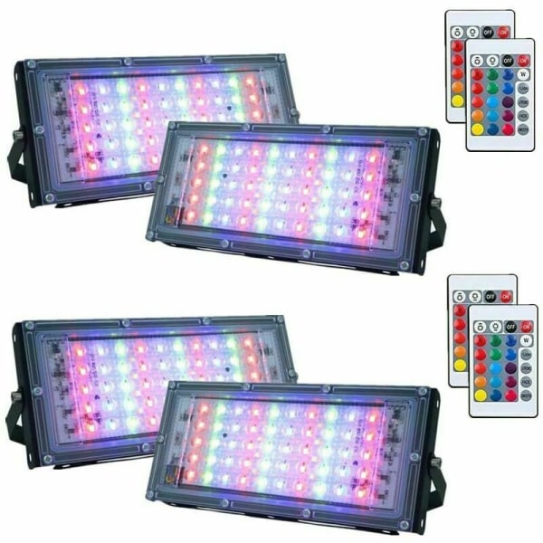 Pakke med 4 dimbare RGB LED-flomlys for utendørs, IP66 vanntett med fjernkontroll, 16 farger, 4 lysmoduser for utendørs og innendørs (