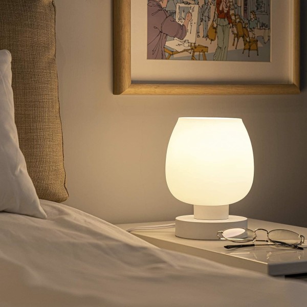 Sengebordslampe - Moderne lille lampe til soveværelse stue natbord, varm LED pære, 3-vejs dæmpning