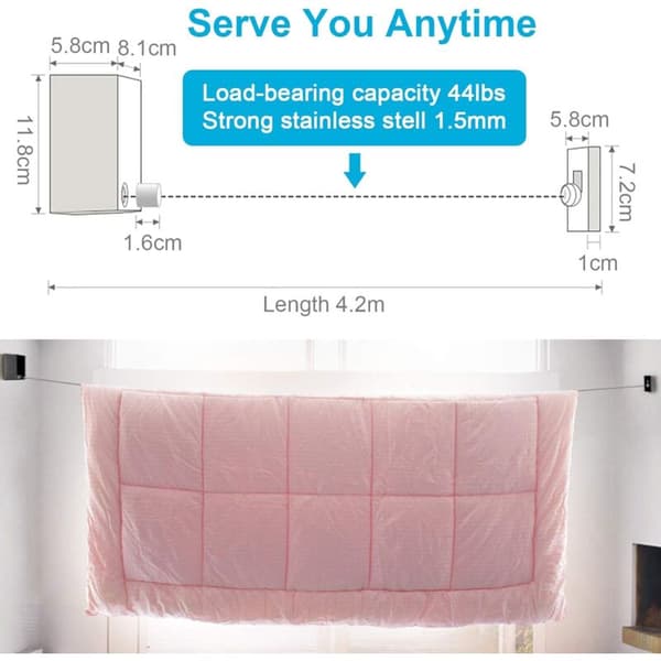 Inntrekkbar klesline, lengde 4,2 m, svart