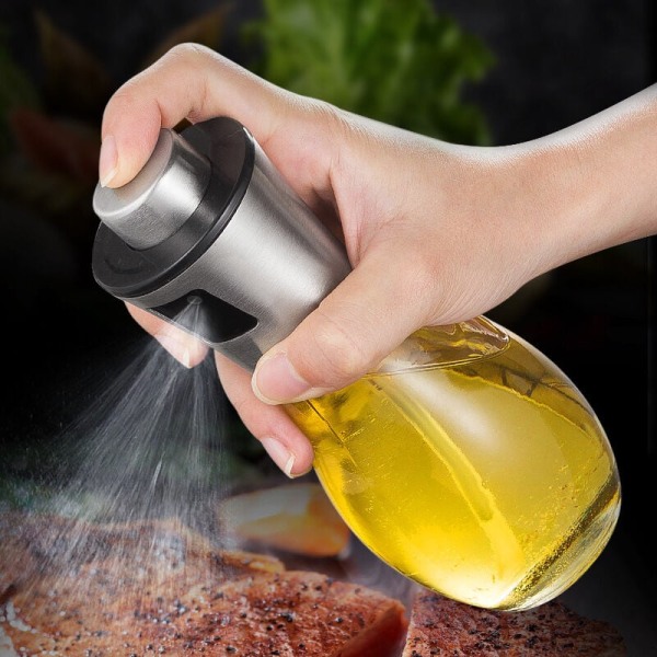 Oljesprayflaska, 200 ml olivoljaspruta med läckagesäker dispenser i rostfritt stål, oljeflaska i glas för grillning/matlagning/sallad [Energiklass A+++]