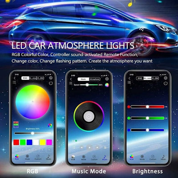 Auton LED-sisävalot 48 RGB-LED:tä Auton tarvikkeet Sisänauhat 4 kpl 6,2 m Bluetooth-sovelluksella LED-tunnelmavalaistus Autonauha USB-portti ja LED