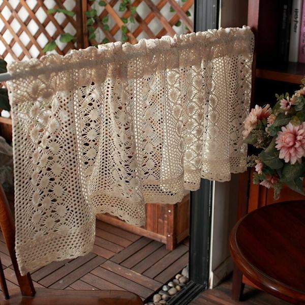 Vintage-pitsiverho, maalaistyylinen lyhyt läpikuultava verhokangas, kirjonta, koukku, kahvila, bistro, keittiön kaappi, 1 kpl, beige,