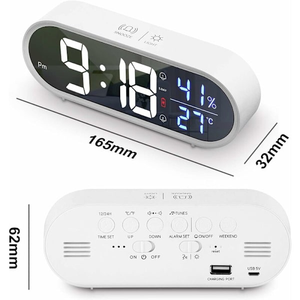 Digital väckarklocka, bärbar LED-spegelväckarklocka, USB-uppladdningsbar reseväckarklocka med röststyrning, dubbla larm, snooze, temperatur och luftfuktighet