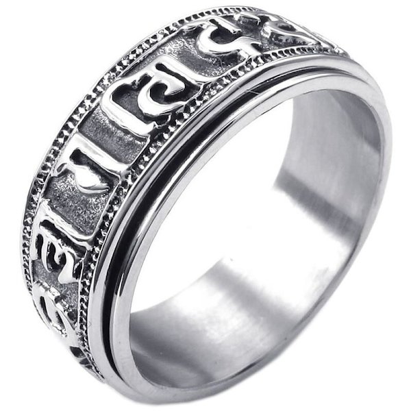 Ring, Rustfrit Stål, Spindende Spinner Tibetansk Mantra Padme, Sort Sølv - . 59 (18.8mm)