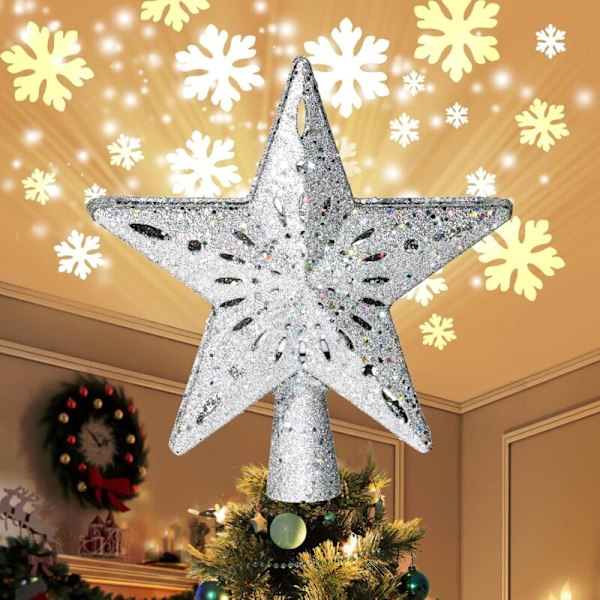 Joulukuusen Tähtivalo Kiertävällä LED-Lumivyöryprojektori, 2 in 1, Kulta Glitter, 5 Pistettä, 24cm, Joulukuusen Koristeluun (Hopea)