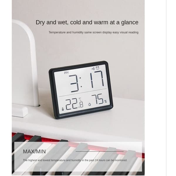 Digital hygrometer termometer med klocka fuktighetsmätare timer larm för hem kontor sovrum vit